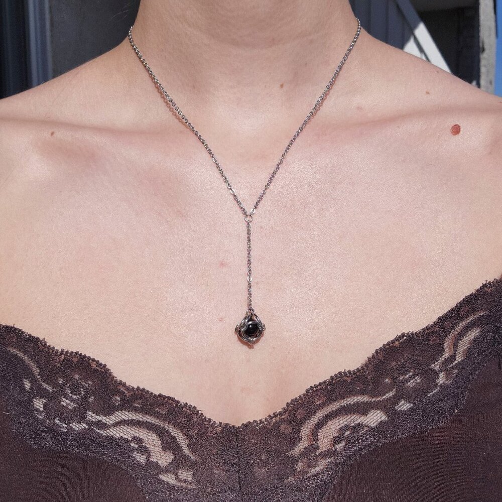 Vintage goth black obsidian and silver rosary necklace
